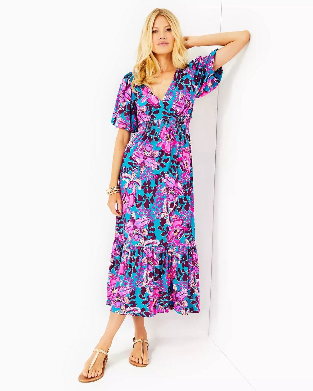 Lilly Pulitzer Holloway Elbow Sleeve Midi Dress Blue Rhapsody Orchid New Medium